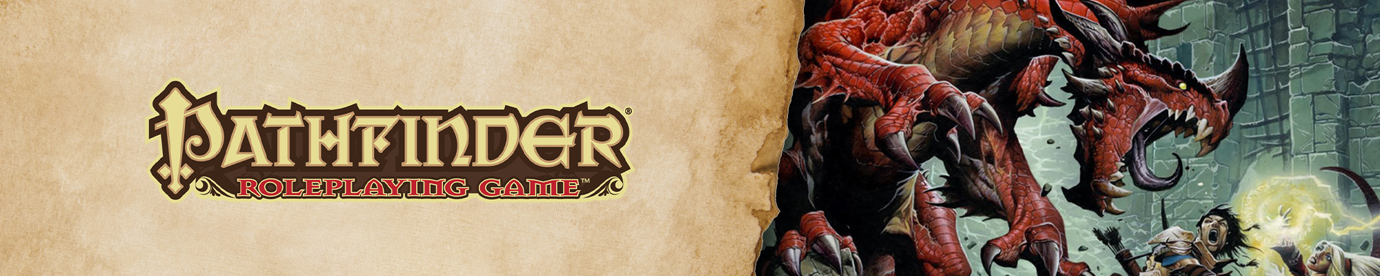 Pathfinder Roleplaying Game, first edition text logo, earthy yellow  text over a brown background. To the right of the logo is an illustration of the pathfinder iconic fighter and sorceress fighting a red dragon crashing down on them from above