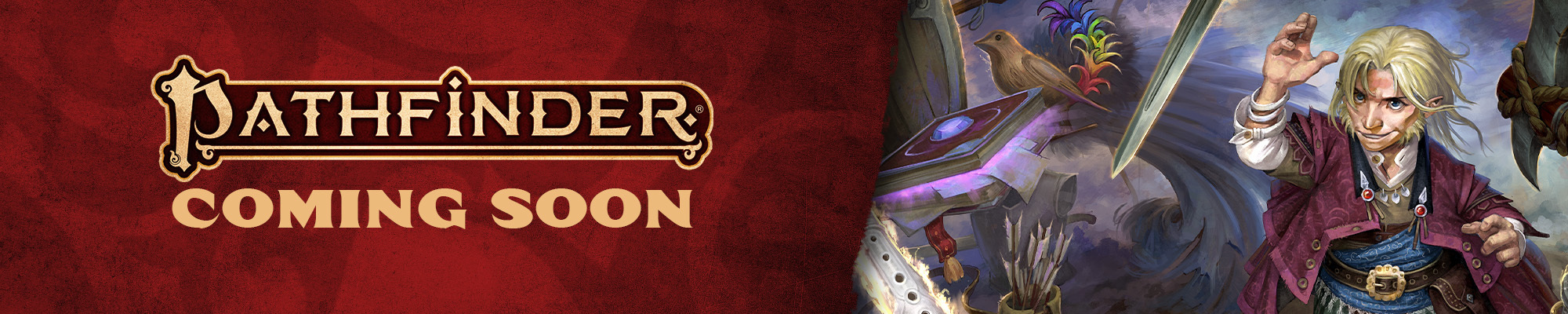 Pathfinder Second Edition Coming Soon, gold text on a red background. To the right of the text