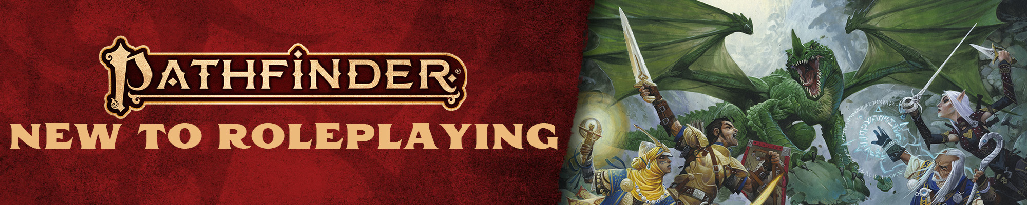 Pathfinder Second Edition New To Roleplaying, gold text on a red background. To the right of the logo and text is an illustration of the pathfinder iconics circcling and facing off against a flying green dragon