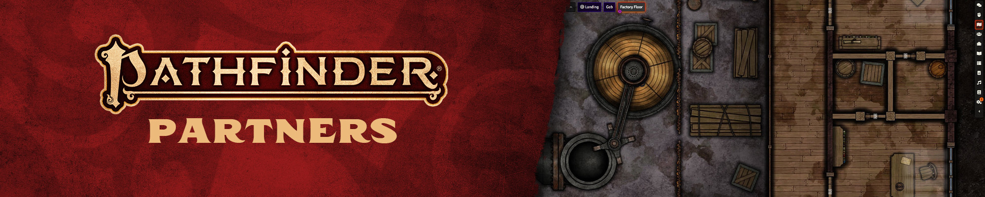 Pathfinder Second Edition Parters, gold text  logo over a red background. To the right of the logo is a gameplay screenshot of a virtual tabletop showing a top down map of a warehouse interior