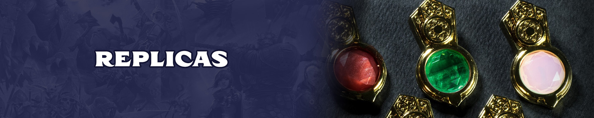 Replicas: White text over a dark blue toned background of the pathfinder and starfinder iconics. To the right of the text is a photograph of the aeon stones. Small gem stones inset in a gold colored  band that can be attached to a Type40 Wayfinder Compass.