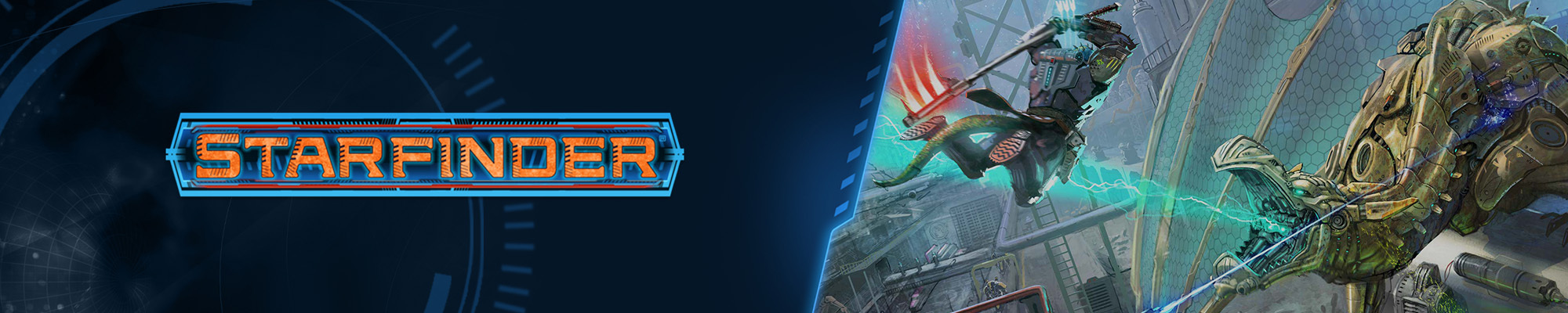 Starfinder First Edition Logo, orange text on a blue technological background. to the right of the logo is an illustration of  Obozaya a large reptilian in power armor known as a vesk, swinging her axe down on top of a cybernetic dragons head.