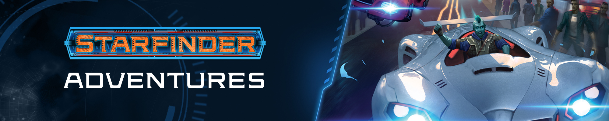 Starfinder Adventures, orange text over a dark blue technological background. To the right of the logo is an illustration  of Iseph, a grey and green skinned android, driving a hover car in street rally race