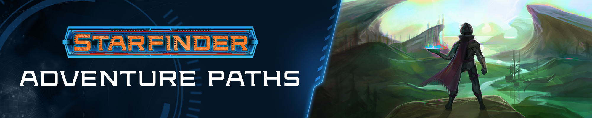 Starfinder first edition adventure paths, orange text on a dark blue technical background. To the right of the logo is an illustration of  the iconic envoy, Navasi, a human in a white and purple space suit, standing with her back towards the viewer, facing the horizon