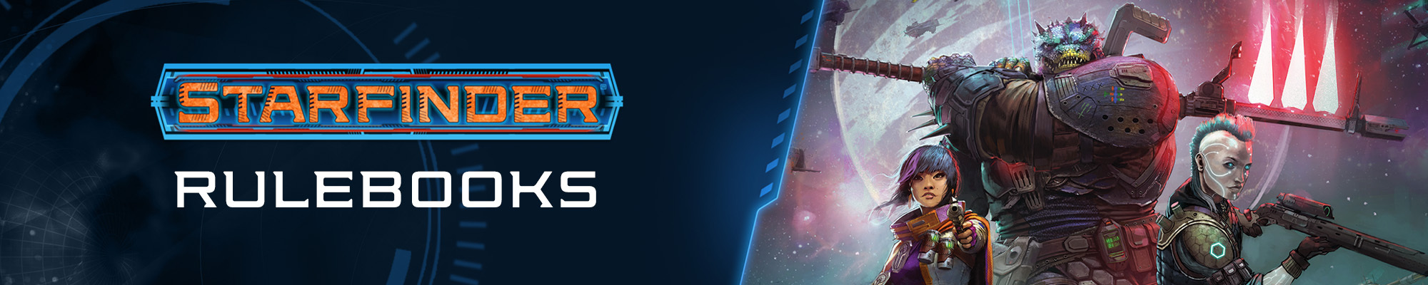 Starfinder Rulebooks text logo: orange text over a blue technological background  To the right of the logo is  an illustration of the starfinder iconic solider, a tall reptilian alien known as a vesk, the starfinder opperative, a grey and green skinned android, and starfinder envoy, a human in a purple and white space suit with a dark purple short haircut.