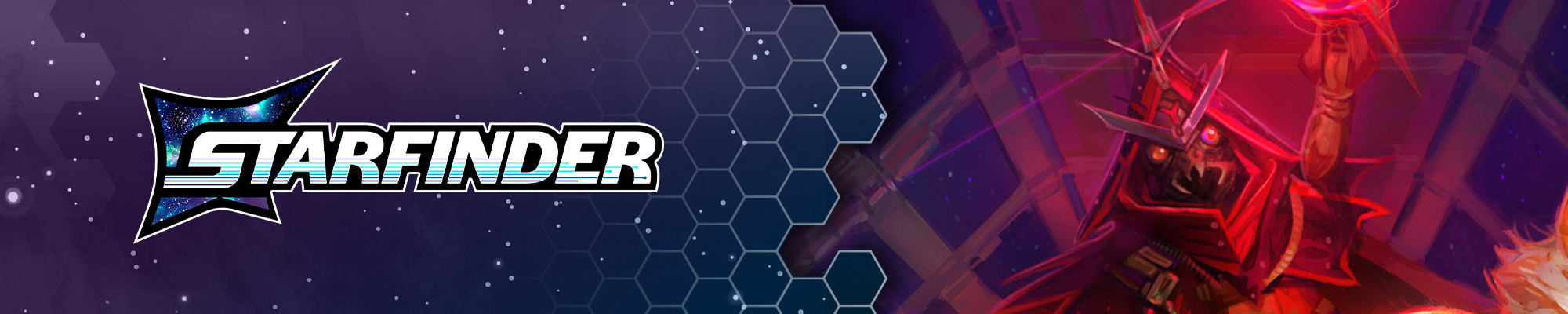 Starfinder second edition logo, white text on a blue and purple space background. To the right of the logo is an illustration of ChkChk, an insect-like alien raising his hand and summoning a magical red light
