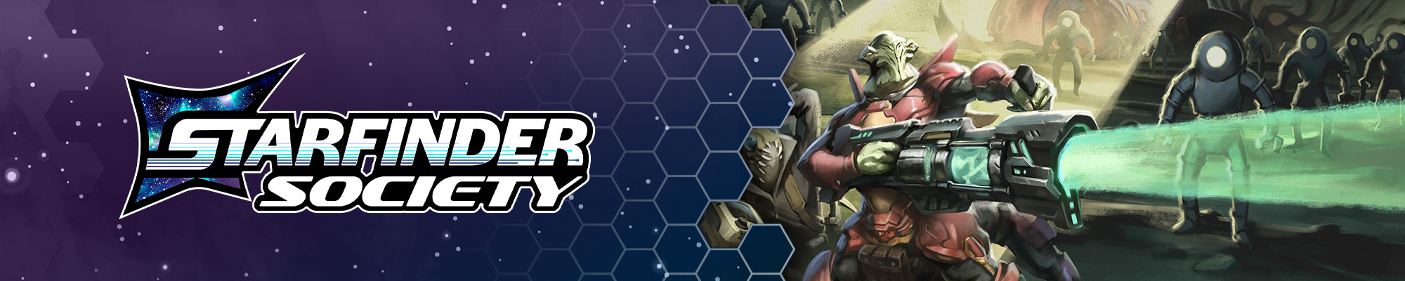 Starfinder Society logo: white text on a blue and purple space background. To the right of the logo is an illustration of First Seeker Sarmak, a four armed and four legged green alien dressed in red power armor, and fellow Starfinder Zizenzim an insect-like alien with large blue eyes and antenae, fight off robots in front of a massive, alien starship. It’s dark, and the Starfinders are illuminated by aerial spotlights from an unknown source