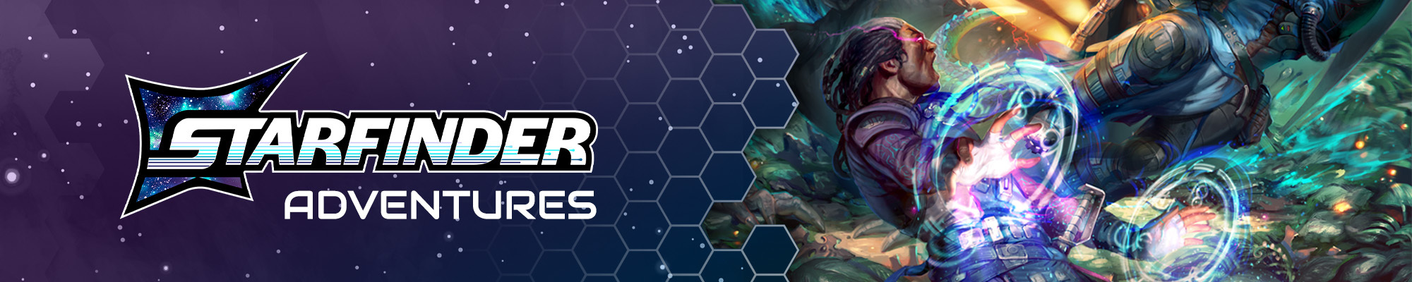Starfinder Adventures: White text on a blue and purple space and stars background. To the right of the logo is 