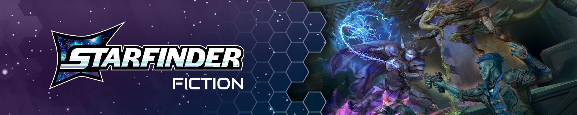 Starfinder Fiction, white text logo on a blue and purple space background, to the right of the logo is an illustration of a teal skinned android aiming a blaster at a heavily armored knight with horns protruding from the side of their helmet, wielding an electric whip 