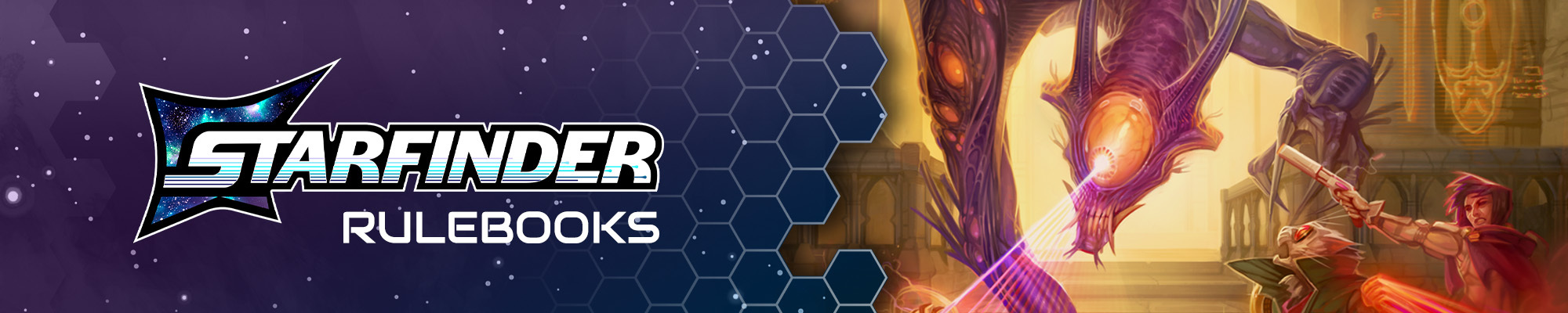 Starfinder Second Edition Rulebooks, white text over a blue and purple space style background. To the right of the logo is an illustration of the Starfinder iconics, Navasi, Dae, and ChkChk fave against a large purple skinned dragon alien with a single large yellow eye in the center of its face and a number of smaller yellow eyes running down its arms. The dragon is focusing it's laser-like glare down onto Chkchk
