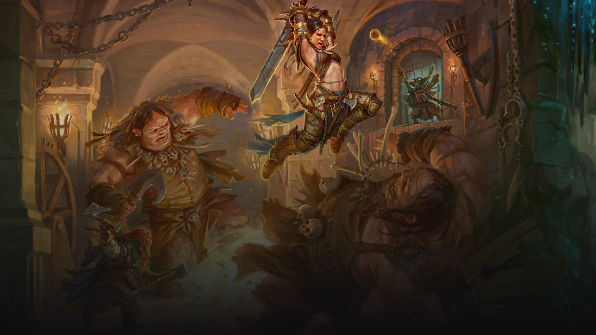 Pathfinder iconic barbarian, Amiri, jumping high to swing her sword down on a fallen hill giant. Another giant is running towards her from deeper in the dungeon