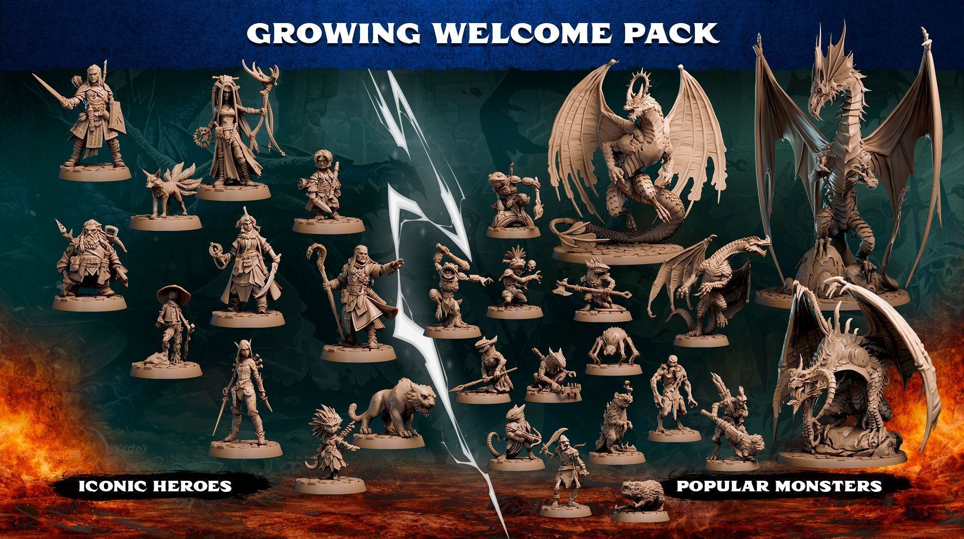 Growing Welcome Pack: a large collection of different sized, unpainted miniatures including dragons, kobolds, adventurers, and assorted monsters.