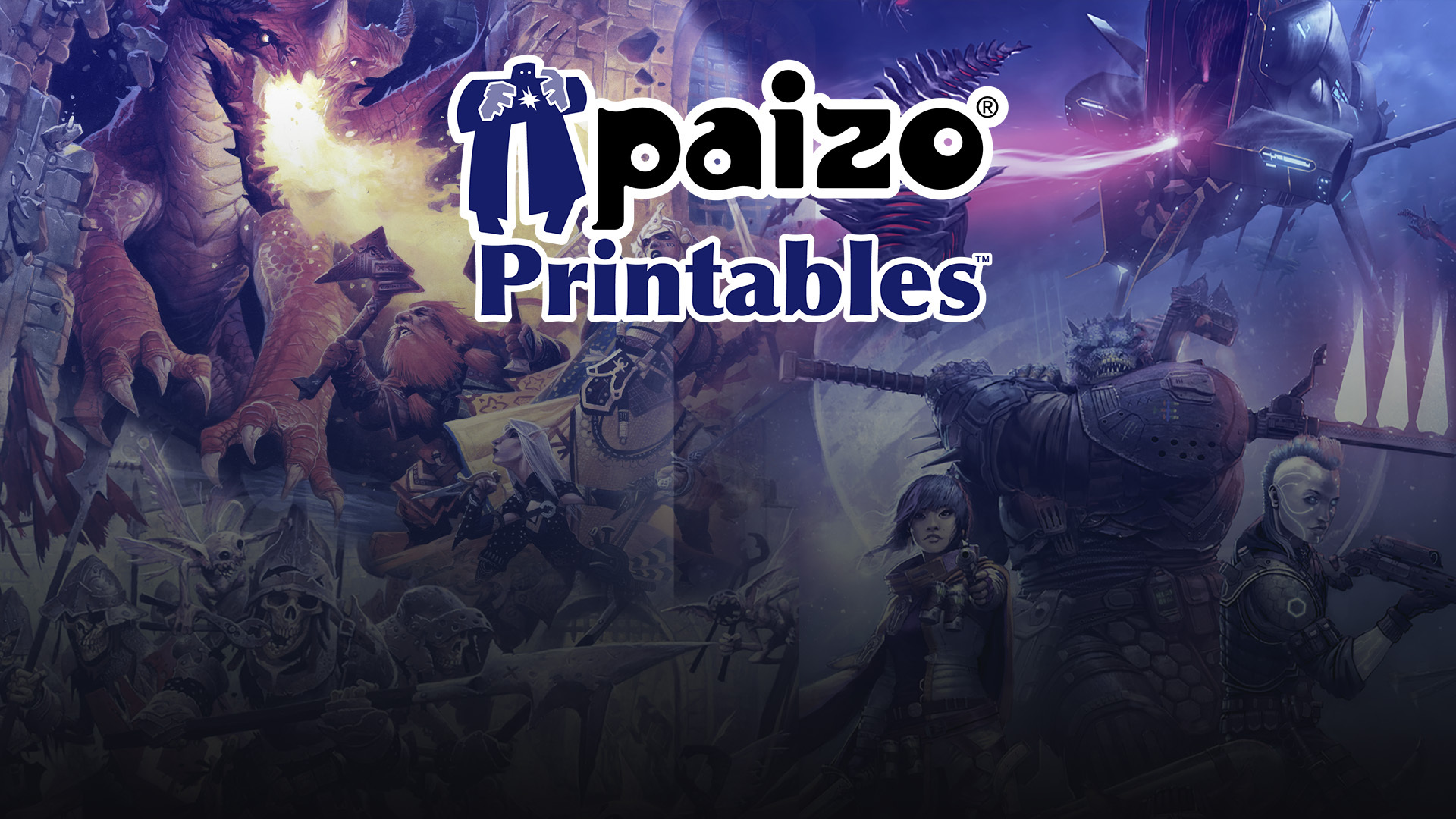 A blue tinted combined image of the pathfinder and starfinder iconics. overlayed over the image is a text graphic that says Paizo Printables