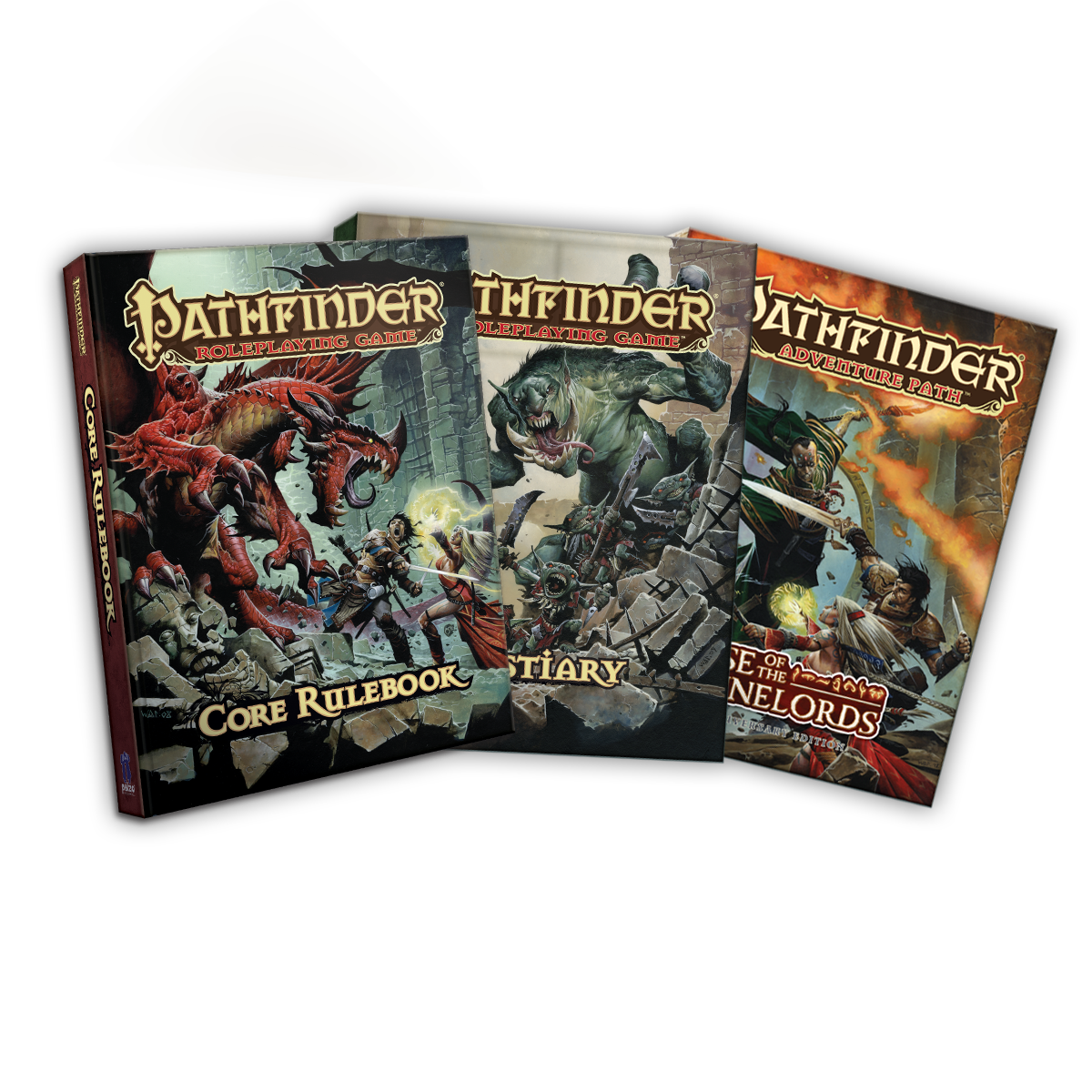 A layout of three Pathfinder First Edition books. The first one is the first edition core rulebook featuring art of iconics Seoni and Valeros fighting a red dragon. The second book is the first edition Bestiary featuring a large green mountain troll chasing goblins, and the third book is first edition adventure path, Rise of the Runelords  featuring iconics Valeros and Seoni battling a tall human spellcaster dressed in green robes.
