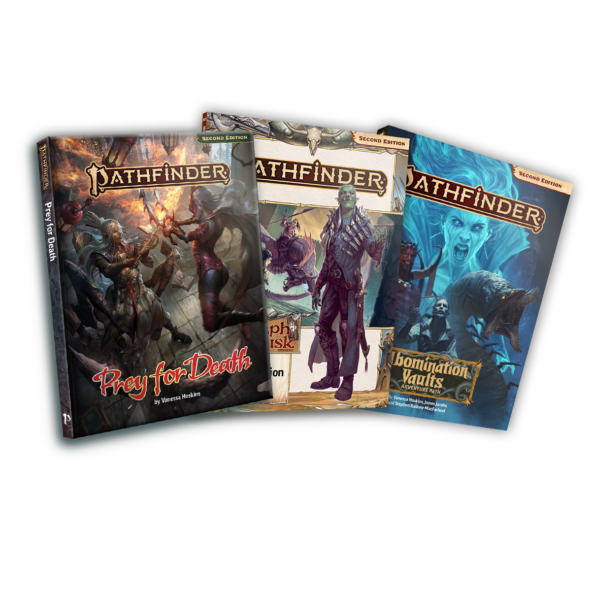 A layout of three Pathfinder Second Edition Adventures. The first is Prey For Death with a cover featuring the pathfinder iconics battling red Mantis Assassins, dressed in red insect-like armor, jumping down on the iconics from above. The second adventure is Pathfinder Triumph of the Tusk Adventure Path, The Resurrection Flood featuring a cover with layered art. The background cover art is of iconic barbarian Amiri running towards a rearing wyrm with a human wielding a  spear from its back. The foreground art  features an orc dressed in leather armor standing proudly. The third book in the layout is the Pathfinder Second Edition Abomination Vaults Adventure path, the cover art features A bearded sorrowful man stands in the foreground with a demon, a large worm, and a ghostly woman in the background behind him.