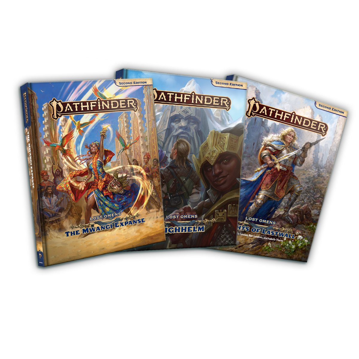 A layout of three Pathfinder Second Edition Campaign Setting book. 