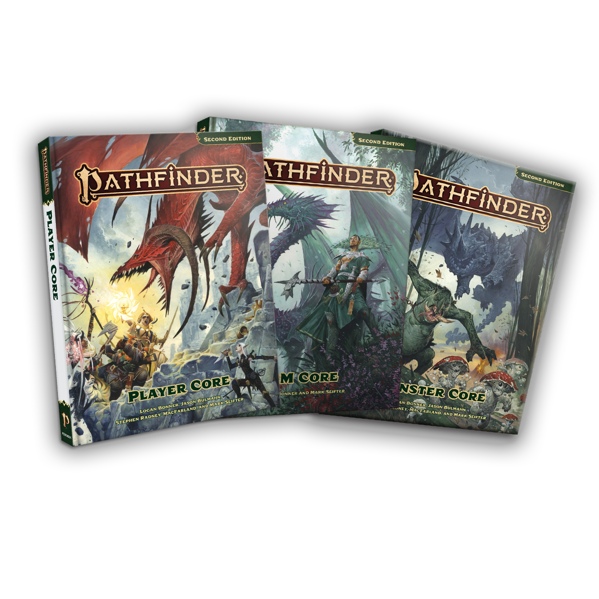 A layout of three pathfinder second edition core rulebooks. The Pathfinder Player Core  with a cover featuring the  Pathfinder iconics battle a large red dragon on the steps of a crumbling ruin. The Pathfinder Second Edition GM Core with cover art of A man dressed in green and silver robes with a peacock feather, high collar stands proudly in front of a green and purple dragon. And The Pathfinder Second Edition Monster Core, the cover art features  mushroom leshy run through a forest as they're being chased by a green troll with large tusks, even farther in the background, chasing the troll is a large, spiky dragon.
