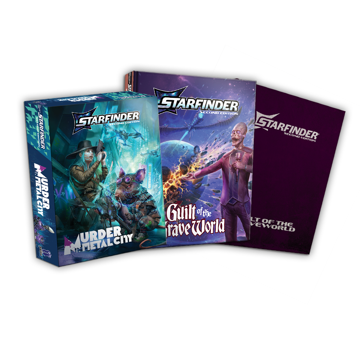 A spread of three Starfinder Second Edition adventures. The first one is Murder in Metal City. The Top of the box features art of a Ysoki with goggle on their head, hacks a drone in a street lit in neon lights. Behind them an android in a wide brimmed hat, holds a gun up and ready to fire at drones closing in overhead. The second adventure is Guilt of the Grave World. The cover features undead media mogul Zo! dressed in a purple suite, gesture dramatically behind him as a spaceship makes a daring escape from an exploding planet. The first adventure is the Guilt of the Grave World Special Edition; a dark purple textured hard cover book with silver embossed logo and title.