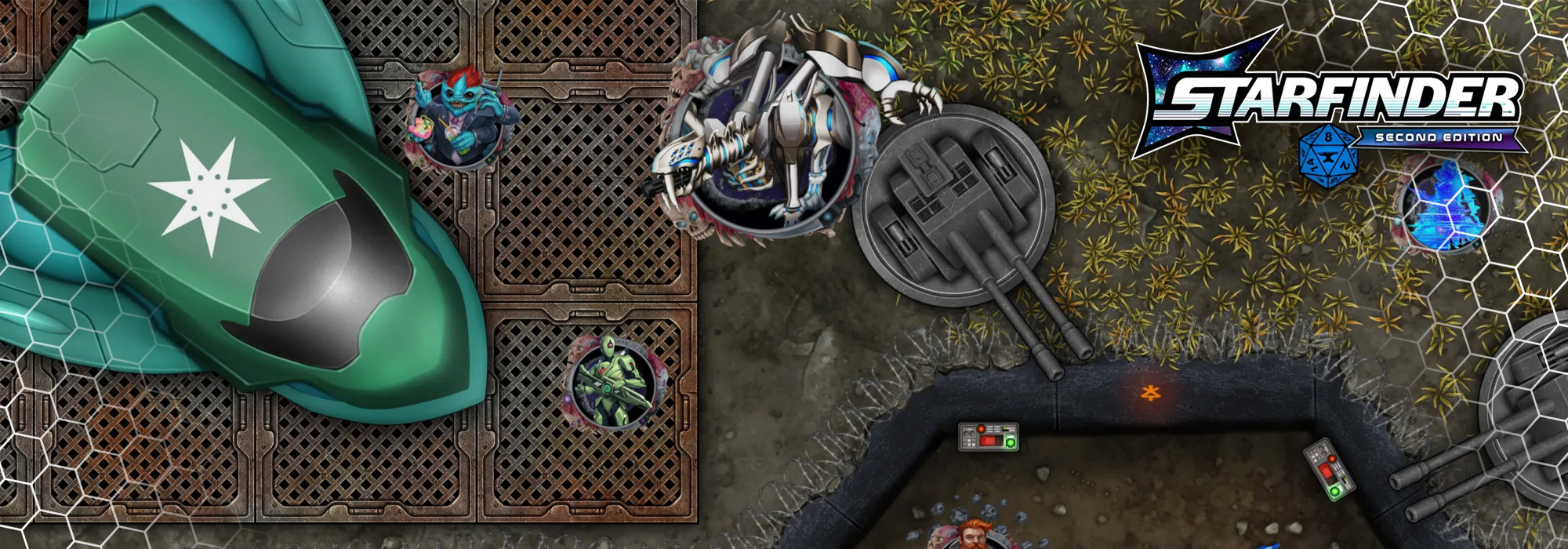 A gameplay screenshot of Starfinder Guilt of the Grave World on Foundry Virtual Tabletop. The screenshot is of an outdoor base, two large turrets point towards three character tokens, off to the side of the map is a landing pad with a small green starship. 