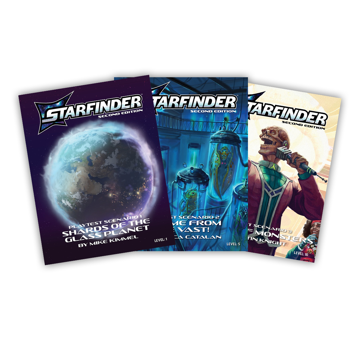 A spread of three starfinder second Society Scenariors. The first is the second edition playtest scenario: Shards of the Glass Plant by Mike Kimmel. The background art is a planet floating in space surrounded by a colorful gaseous atmosphere. The second book is Starfinder Second Edition Playtest Scenario 2: It Came from the Vast! The cover art features a dark science lab filled with large tubes that each have a different alien in them. The third book is Starfinder Second Edition Playtest Scenario 3: Wheel of Monsters. The cover art features undead media mogul Zo! gesturing grandly while speaking into a microphone. 