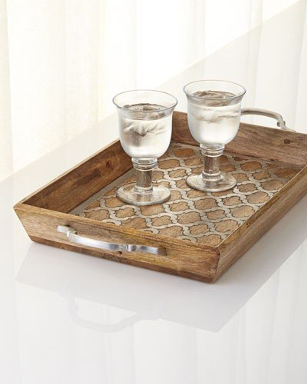 GG Collection Wood And Metal Inlay Ogee-G Tray - Distinctive Decor