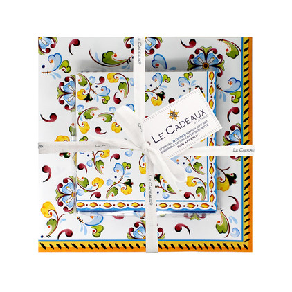 Le Cadeaux Toscana Gift Set Patterned Cocktail and Dinner Napkins With Ribbon