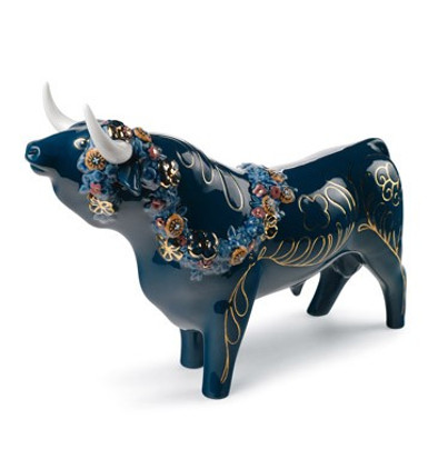 Lladro Flower-Bedecked Bull Color Porcelain Figurine