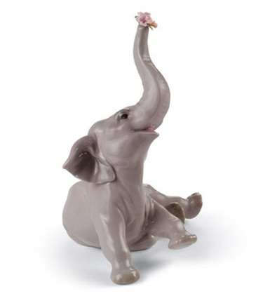 Lladro Baby Elephant With Pink Flower Porcelain Figurine