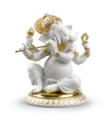 Lladro Bansuri Ganesha (Golden Re-Deco) Figure