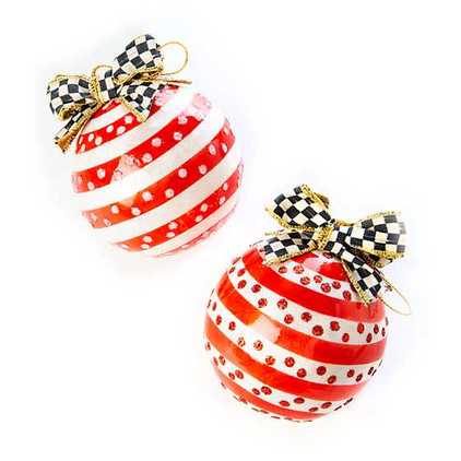 MacKenzie Childs Checkmate Red & White Stripe Ball Ornaments - Set Of 2