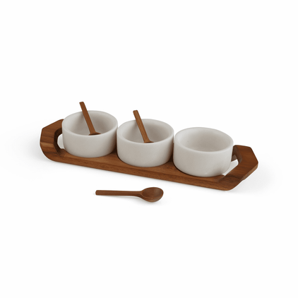 Nambe Chevron Condiment Tray with Spoons Marble Acacia Wood