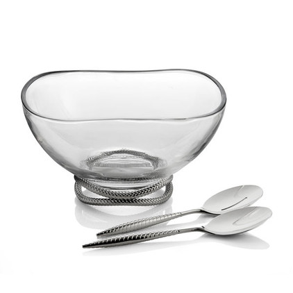 Nambe Braid Glass Salad Bowl with Servers  12 D. X 6 H.