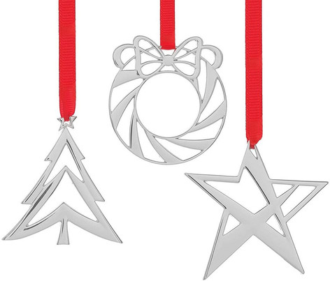 Nambe Holiday - Mini Assorted Ornaments Star Wreath Tree set of 3 Silver Plate