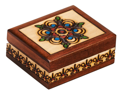 Polish Handcarved Wooden Box - Beige Floral & Heart Box