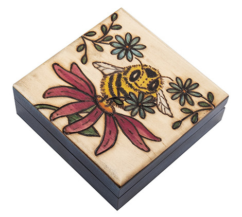 Polish Handcarved Wooden Box - Bee with Flowers Box, Blue