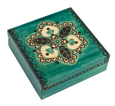 Polish Handcarved Wooden Box - Green Kaleidoscope Box