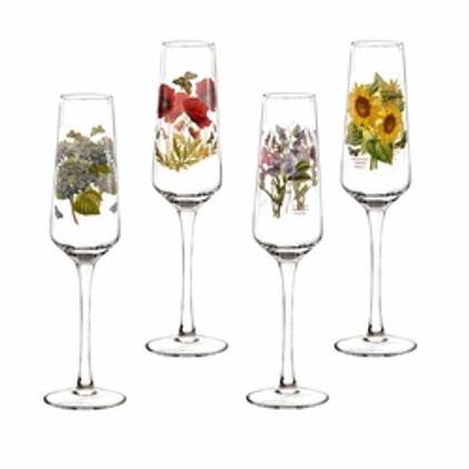 Portmeirion Botanic Garden Glassware (Set of 4) Champagne Flutes Sunflower, Poppy, Hydrangea, Sweet Pea
