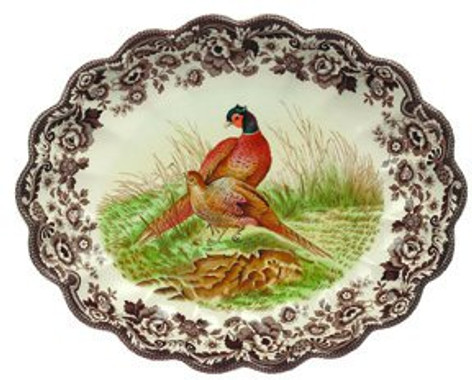 Spode Woodland 14.5 inch Oval Fluted Dish - Pheasant