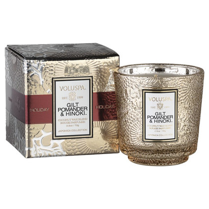 Voluspa Gilt Pomander & Hinoki Holiday Boxed Mini Boxed Pedestal Glass Candle