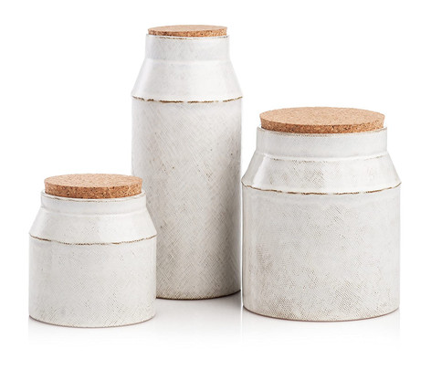 Abigails Canister Set of 3 Textured White Ceramic with Cork Lids