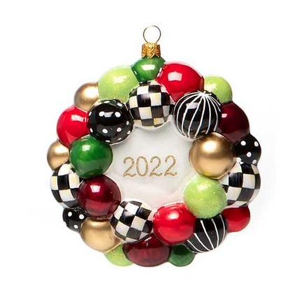 MacKenzie Childs Glass Ornament - Jolly Bauble Dated Wreath