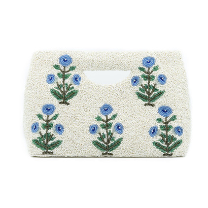 Tiana Designs White with Blue Flowers Beaded Clutch