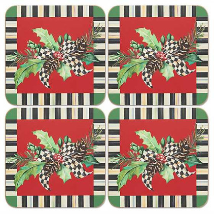 MacKenzie Childs Holly Holiday Cork Back Coasters - Set Of 4