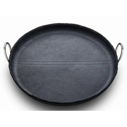 Mary Jurek Durango Black Leather Round Tray with Ring Handles 15 inch D