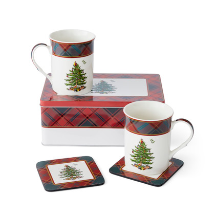 Spode Christmas Tree Tartan Collection Tartan 5 Piece Mug Tin & Coaster Set