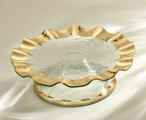 Annieglass Roman 14.25" Pedestal Cake Plate (5" High) Gold Ruffled