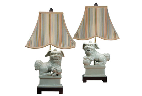 Dessau Home Celadon Foo Dog Lamps with Striped Shade Home Decor