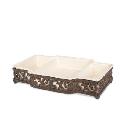 GG Collection Cream Stoneware 3-part Server in Metal Acanthus Leaf Base