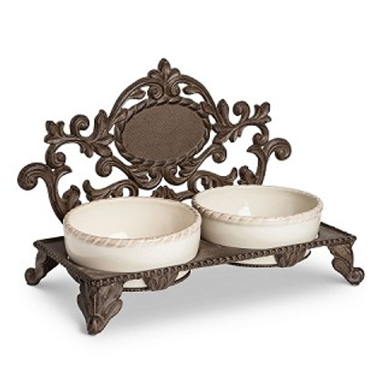 GG Collection Acanthus Leaf Metal Pet Feeder with 2 Stoneware bowls. Personalize with 1.5" Letter (Sold Separately)