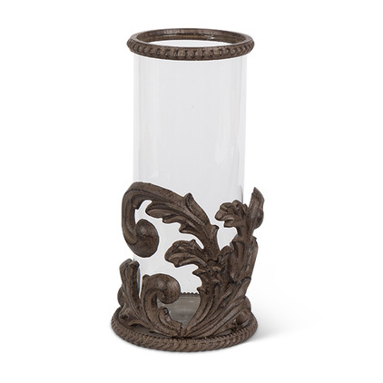 GG Collection Metal Acanthus Leaf Candle Holder with Glass Cylinder